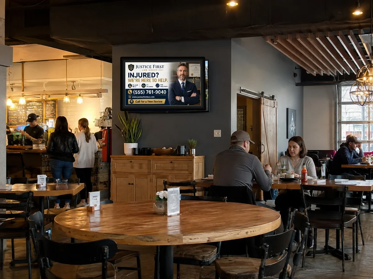 Local restaurant with a television naturally displaying a Justice First law firm advertisement